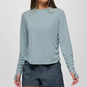 Prana Sol Searcher LS Crew Women's M Saltwater Standard Fit Thumbholes Rouching